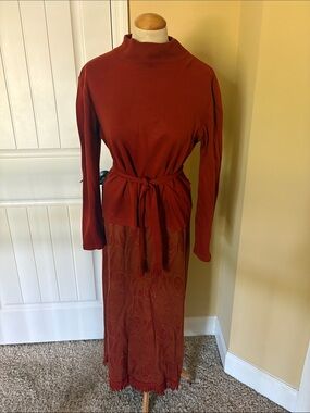 Rust Long-Sleeve Tie-Waist Maxi Dress